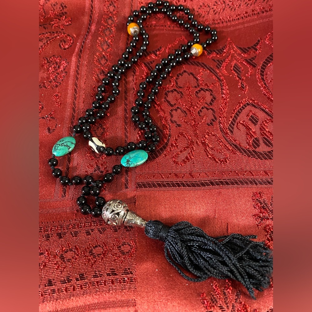 Meditation Mala 108 black glass with turquoise & silver tone beads & tassel